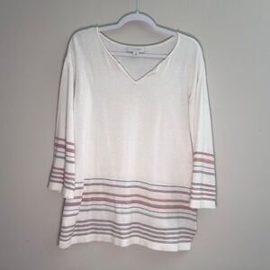 Madison Grey White Striped V-Neck‎ Cotton Knit Sweater 3/4 Sleeve Size M Loose